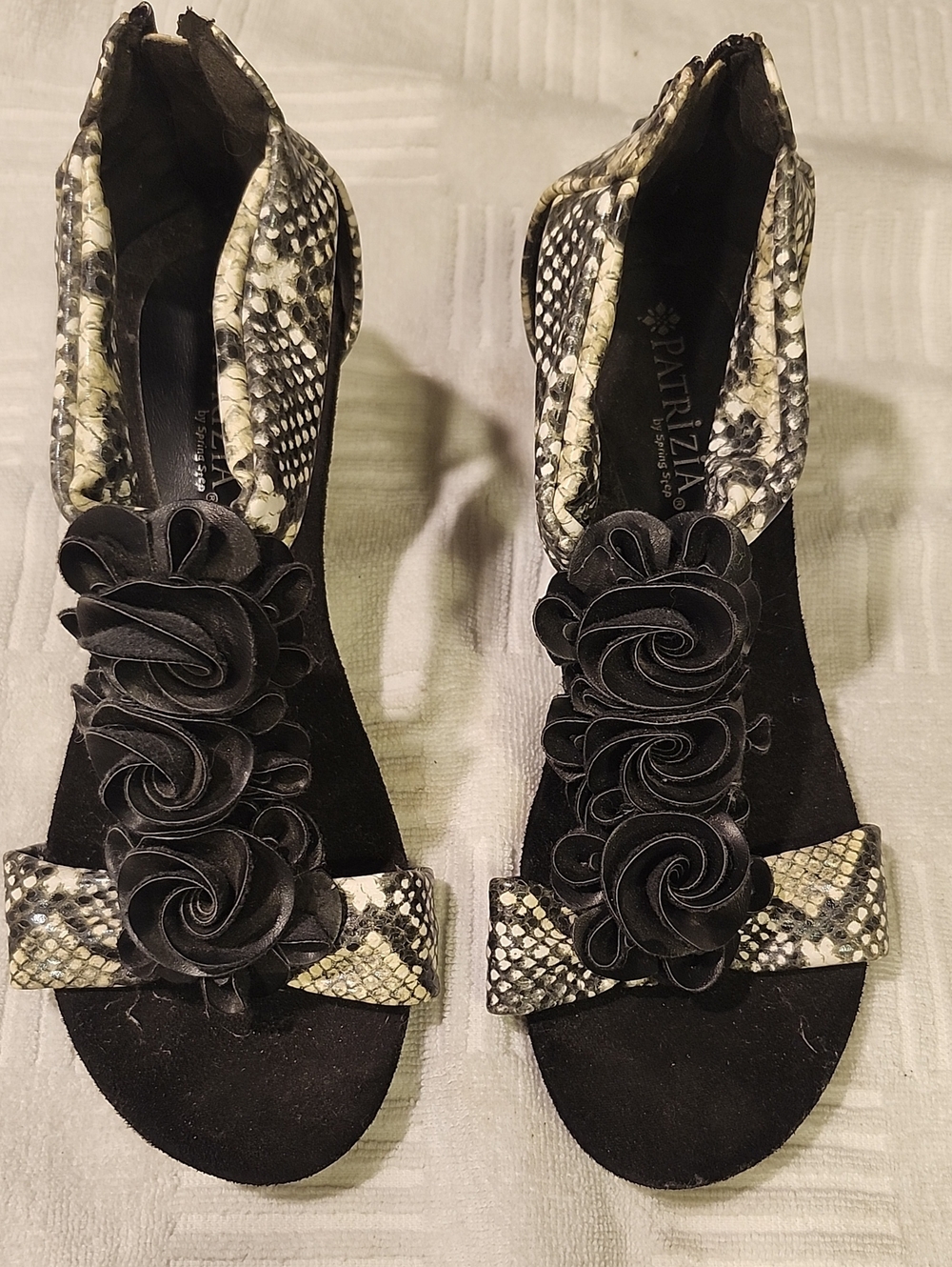 Patrizia Black Snakeskin-Accent Floral Heeled Sandals